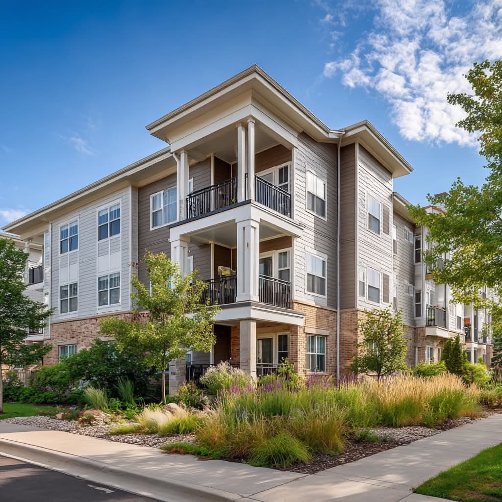 Modern three-story apartment building with balconies, brick and siding exterior, and landscaped front in a suburban neighborhood